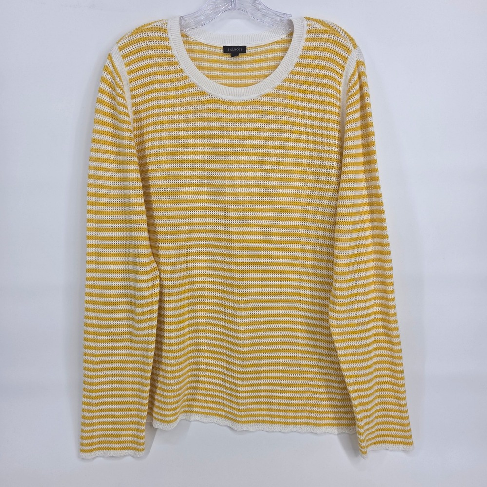 Talbots Sweater XL Yellow Striped Open Knit Bright Nautical Coastal Preppy